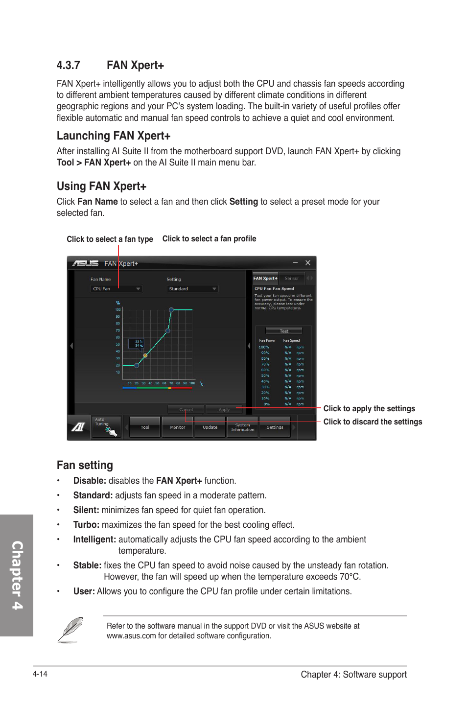 7 fan xpert, Fan xpert+ -14, Chapter 4 | Fan setting, Launching fan xpert, Using fan xpert | Asus P8Z77-M PRO User Manual | Page 126 / 170