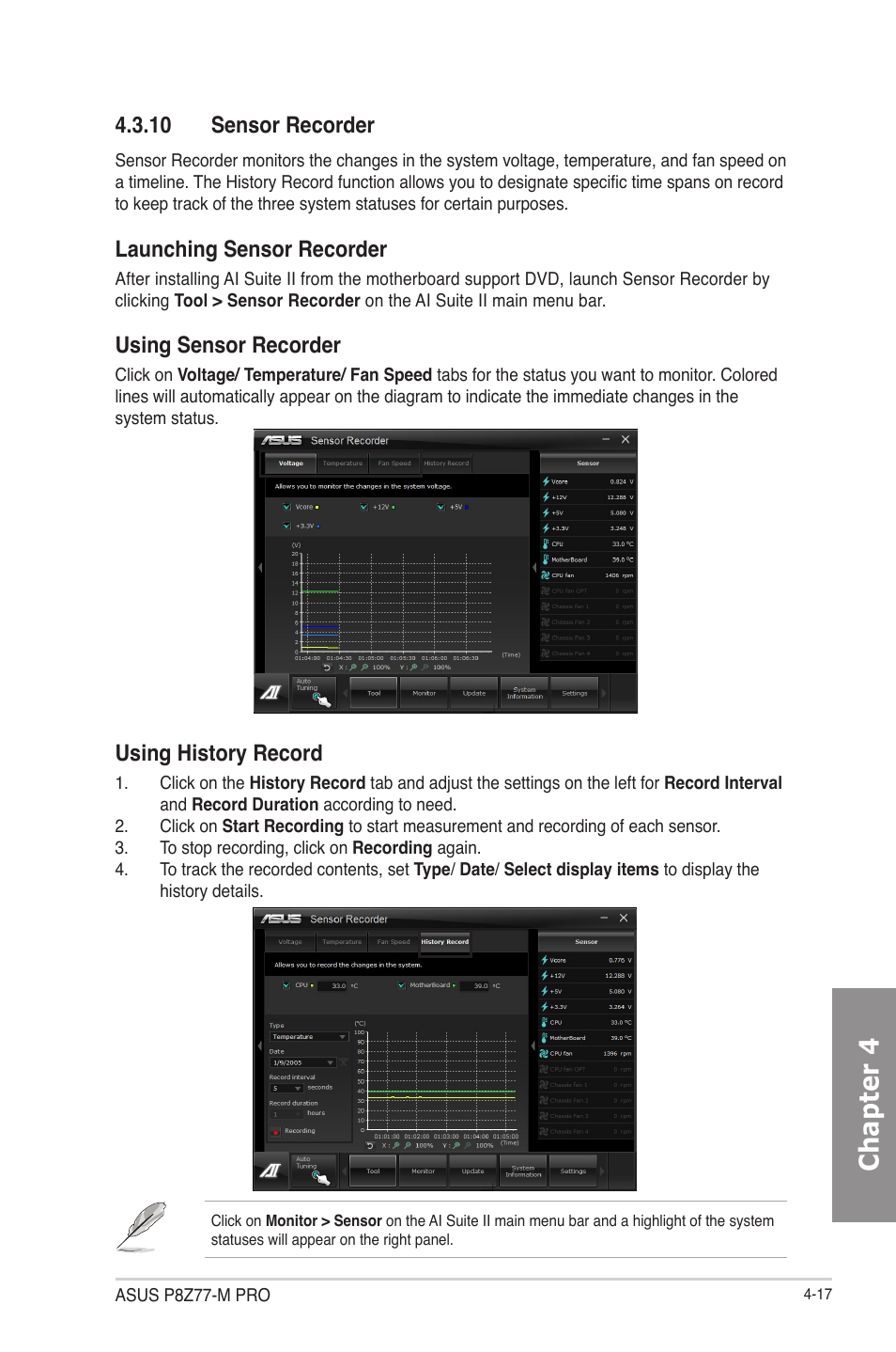 10 sensor recorder, Sensor recorder -17, Chapter 4 | Launching sensor recorder, Using sensor recorder, Using history record | Asus P8Z77-M PRO User Manual | Page 129 / 170