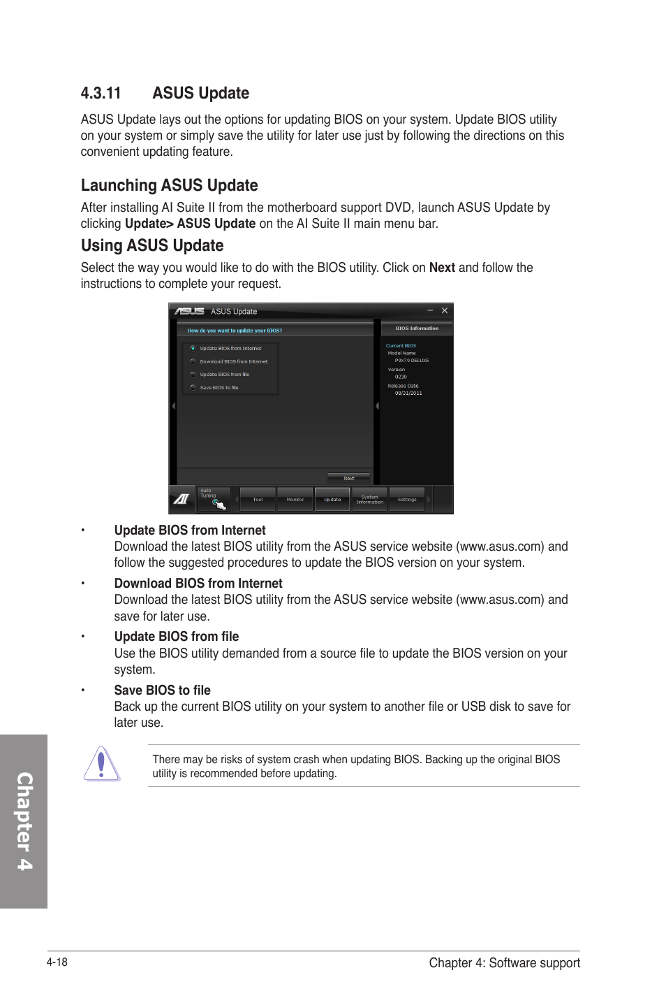 11 asus update, Asus update -18, Chapter 4 | Launching asus update, Using asus update | Asus P8Z77-M PRO User Manual | Page 130 / 170