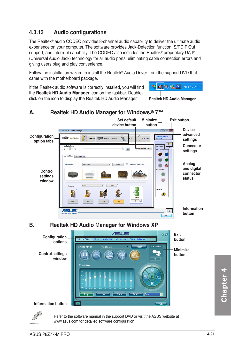 13 audio configurations, Audio configurations -21, Chapter 4 | A. realtek hd audio manager for windows® 7, B. realtek hd audio manager for windows xp | Asus P8Z77-M PRO User Manual | Page 133 / 170