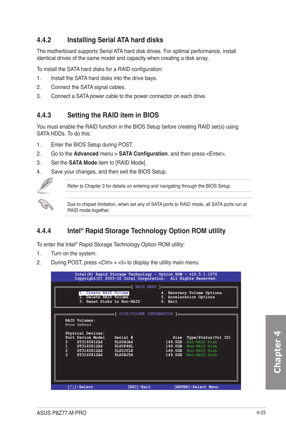 2 installing serial ata hard disks, 3 setting the raid item in bios, Installing serial ata hard disks -23 | Setting the raid item in bios -23, Intel, Rapid storage technology option rom utility -23, Chapter 4, 4 intel, Rapid storage technology option rom utility | Asus P8Z77-M PRO User Manual | Page 135 / 170