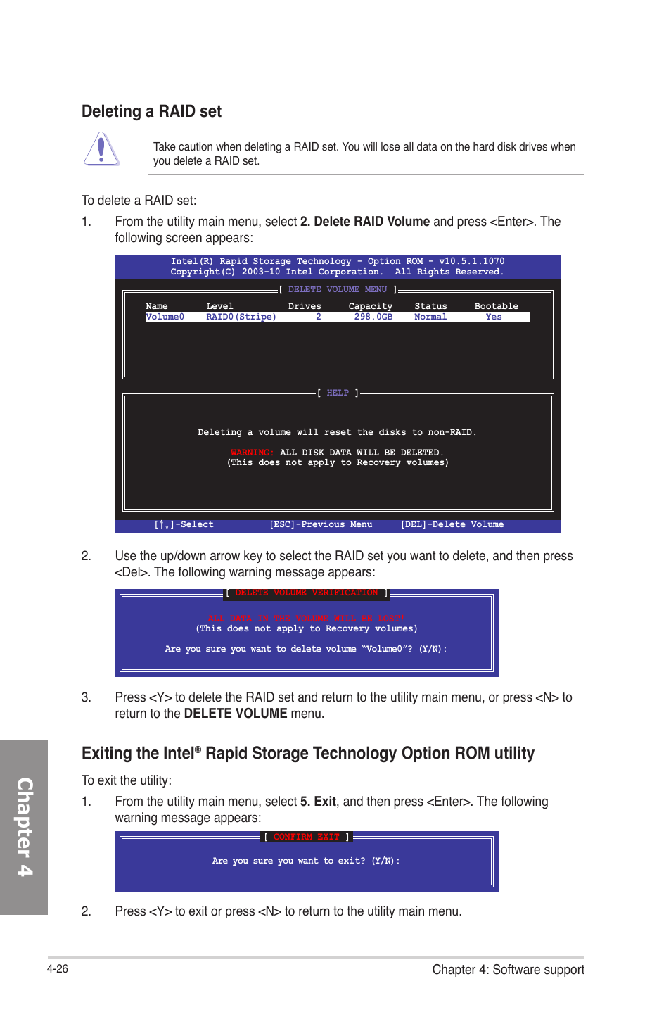 Chapter 4, Deleting a raid set, Exiting the intel | Rapid storage technology option rom utility | Asus P8Z77-M PRO User Manual | Page 138 / 170