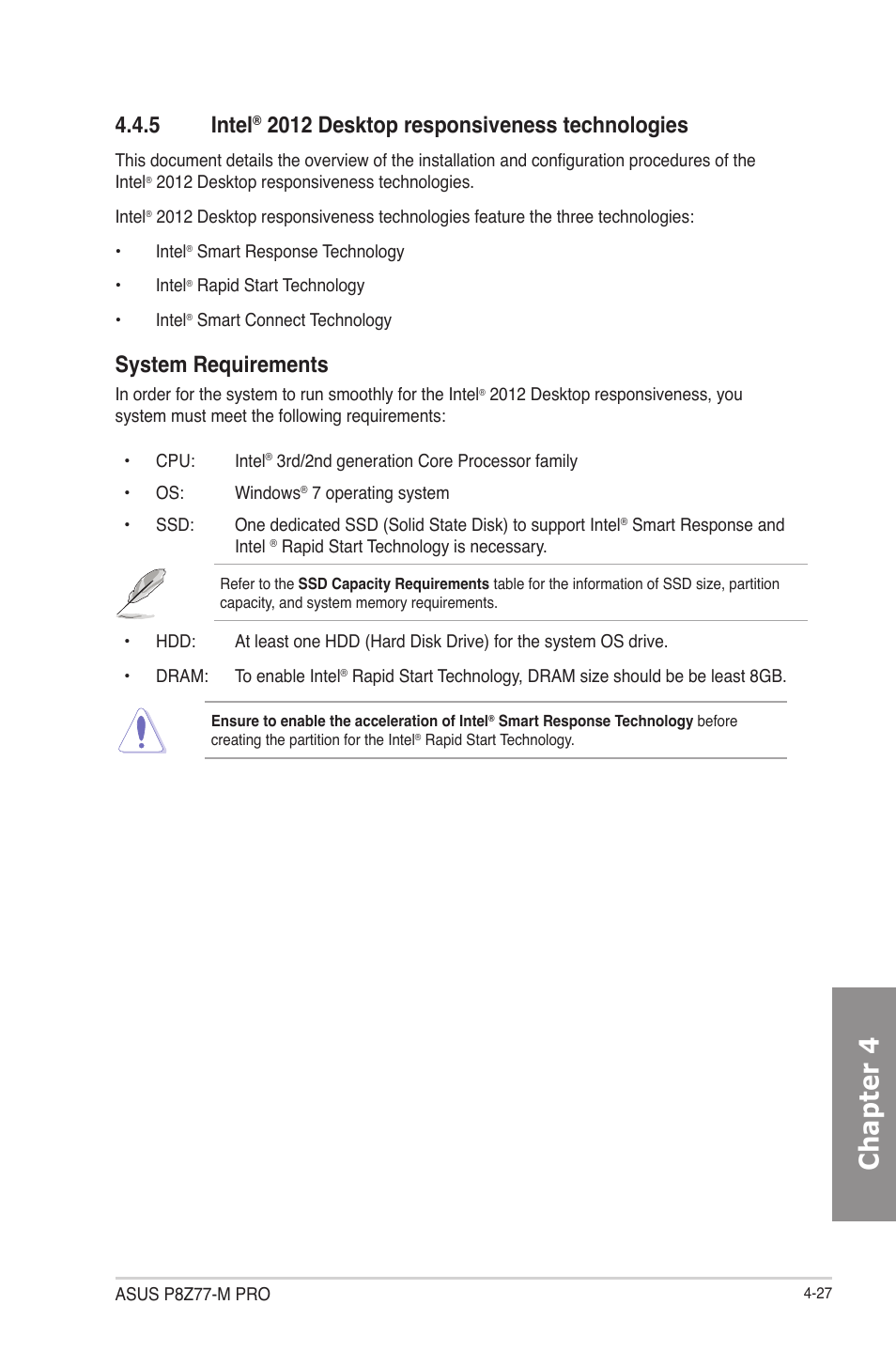 5 intel® 2012 desktop responsiveness technologies, Intel, 2012 desktop responsiveness technologies -27 | Chapter 4, 5 intel, 2012 desktop responsiveness technologies, System requirements | Asus P8Z77-M PRO User Manual | Page 139 / 170