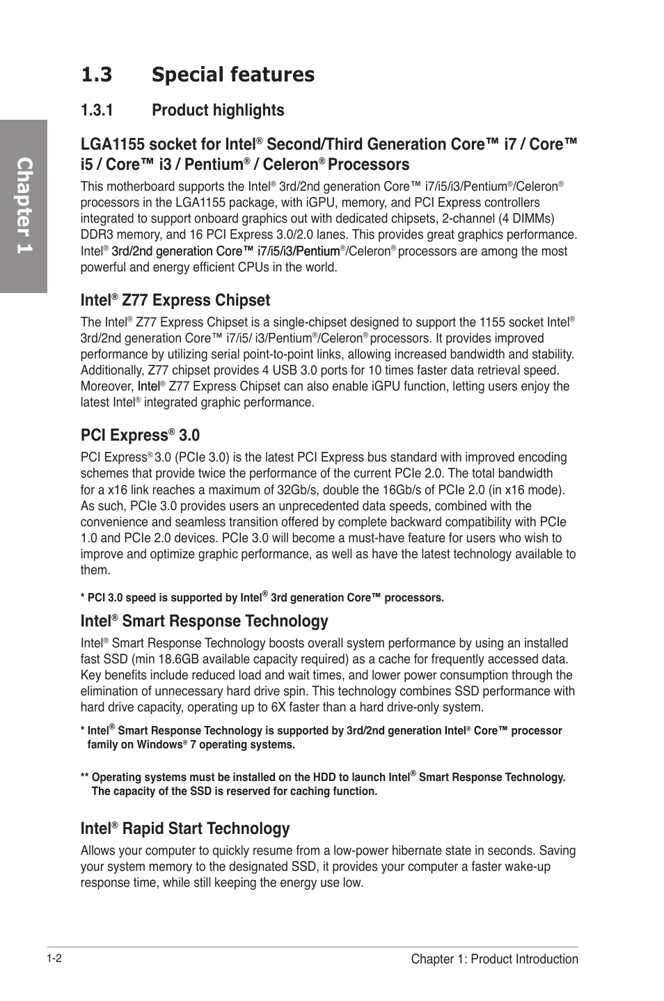 3 special features, 1 product highlights, Special features -2 1.3.1 | Product highlights -2, Chapter 1 1.3 special features, Celeron, Processors, Intel, Z77 express chipset, Pci express | Asus P8Z77-M PRO User Manual | Page 14 / 170