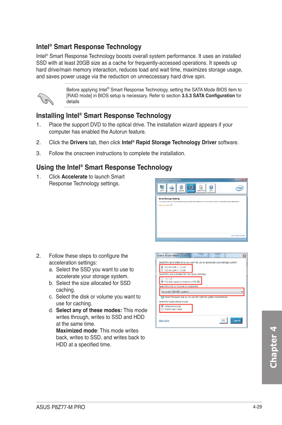 Chapter 4, Intel, Smart response technology | Installing intel, Using the intel | Asus P8Z77-M PRO User Manual | Page 141 / 170