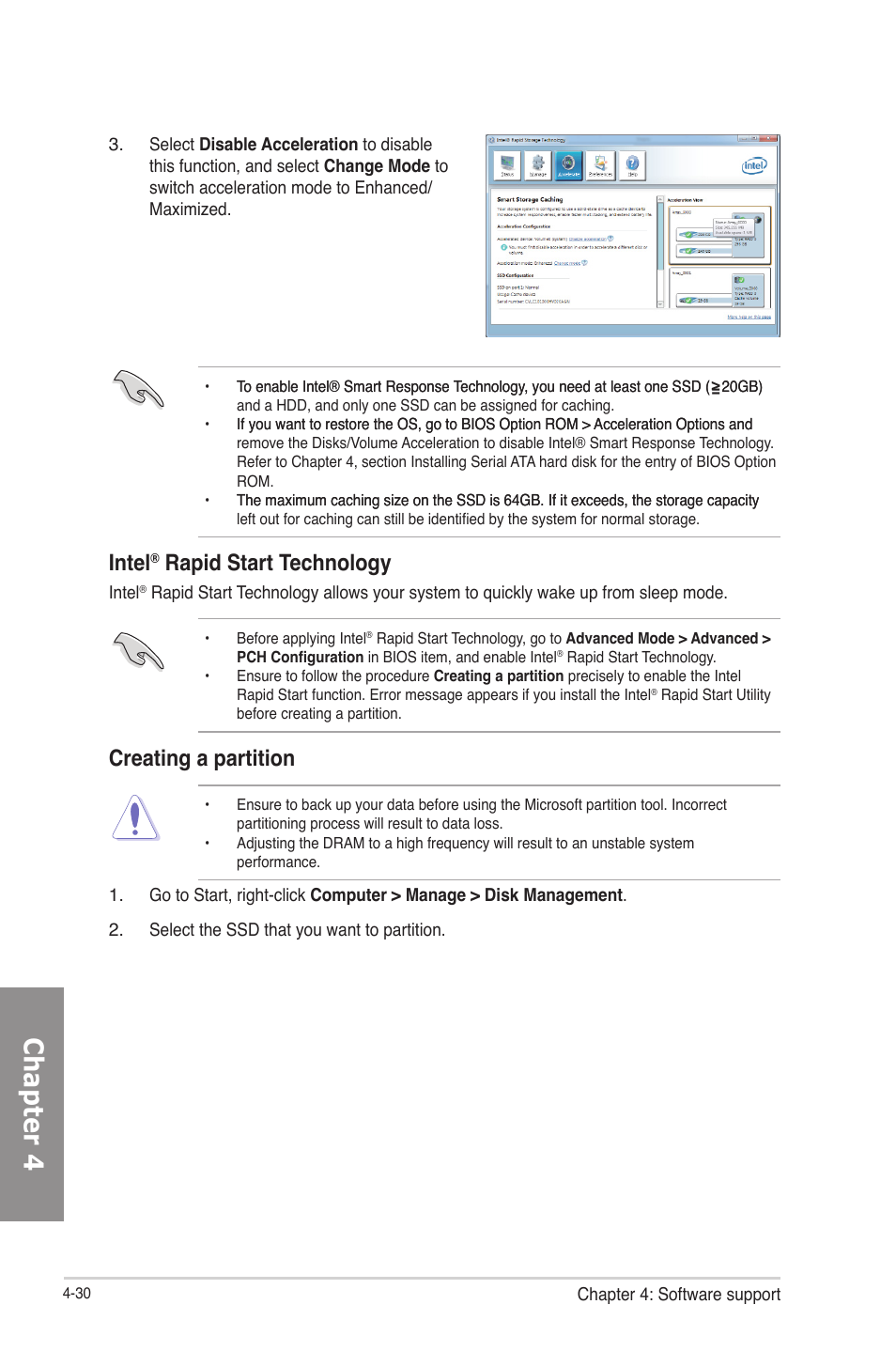 Chapter 4, Intel, Rapid start technology | Creating a partition | Asus P8Z77-M PRO User Manual | Page 142 / 170