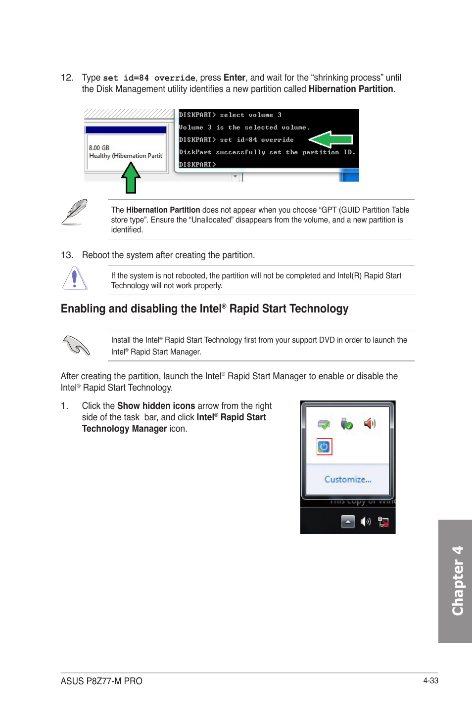 Chapter 4, Enabling and disabling the intel, Rapid start technology | Asus P8Z77-M PRO User Manual | Page 145 / 170