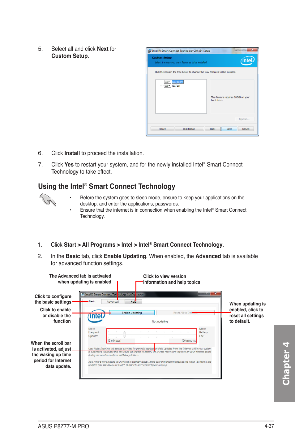 Chapter 4, Using the intel, Smart connect technology | Asus P8Z77-M PRO User Manual | Page 149 / 170