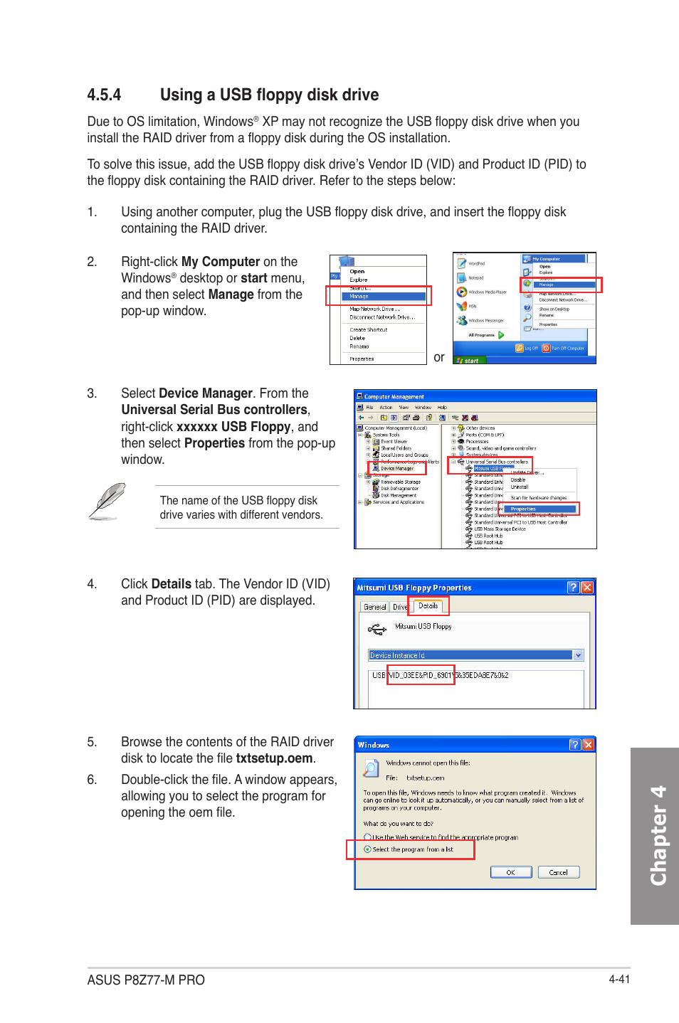 4 using a usb floppy disk drive, Using a usb floppy disk drive -41, Chapter 4 | Asus P8Z77-M PRO User Manual | Page 153 / 170