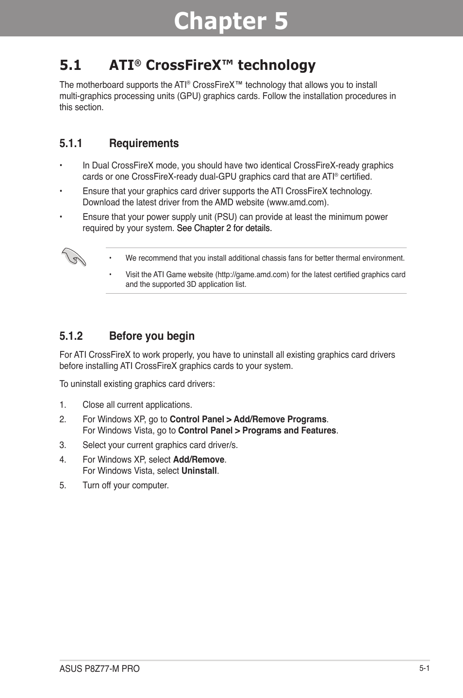 Chapter 5: multiple gpu technology support, 1 ati® crossfirex™ technology, 1 requirements | 2 before you begin, Chapter 5, Multiple gpu technology support, Crossfirex™ technology -1, Requirements -1, Before you begin -1, 1 ati | Asus P8Z77-M PRO User Manual | Page 155 / 170