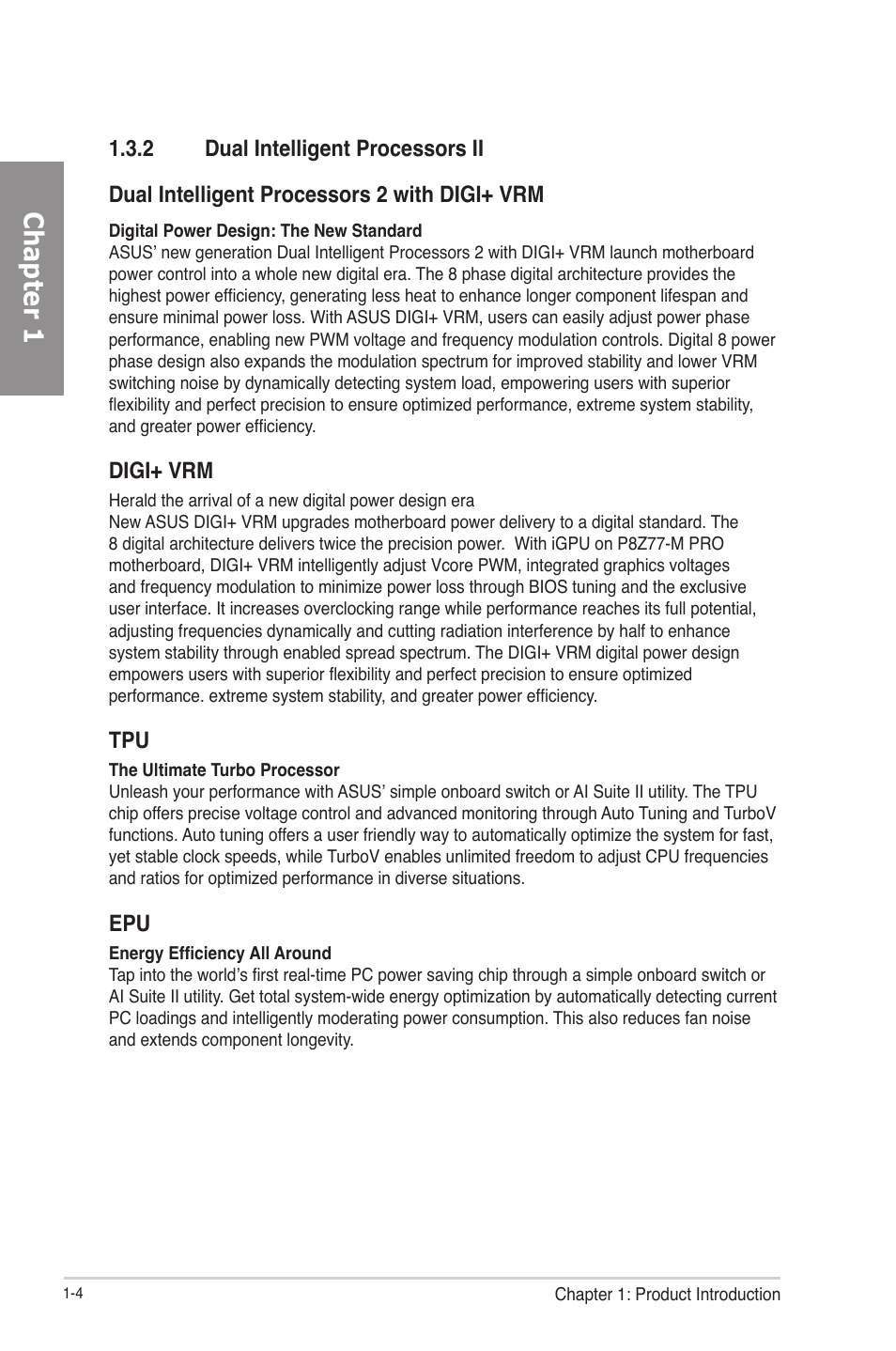 2 dual intelligent processors ii, Dual intelligent processors ii -4, Chapter 1 | Digi+ vrm | Asus P8Z77-M PRO User Manual | Page 16 / 170