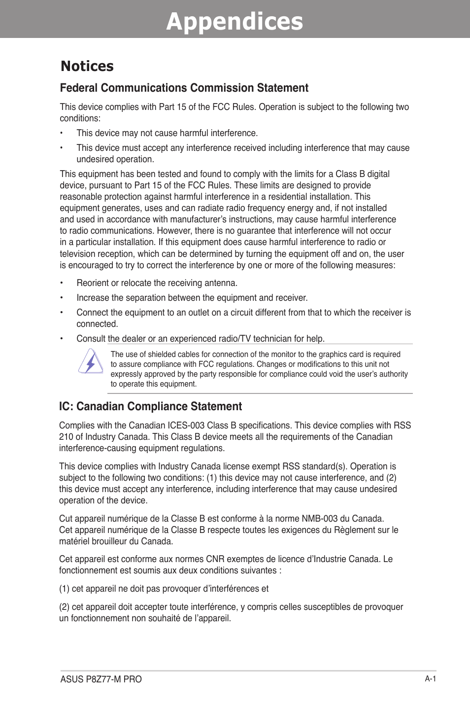 Appendices, Notices, Federal communications commission statement | Ic: canadian compliance statement | Asus P8Z77-M PRO User Manual | Page 167 / 170