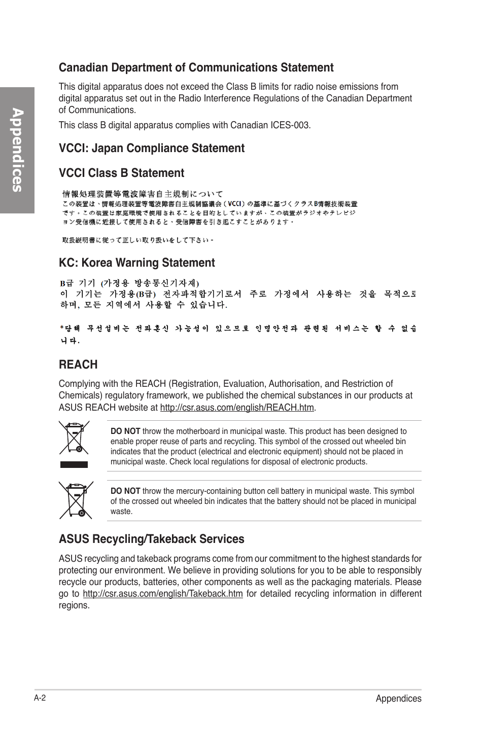 Appendices, Reach, Asus recycling/takeback services | Asus P8Z77-M PRO User Manual | Page 168 / 170