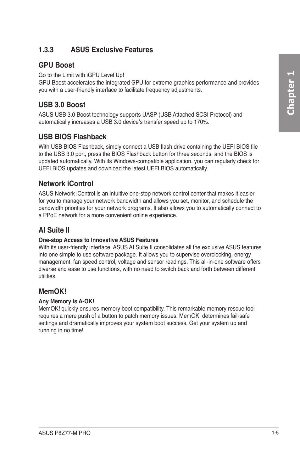 3 asus exclusive features, Asus exclusive features -5, Chapter 1 | 3 asus exclusive features gpu boost, Usb 3.0 boost, Usb bios flashback, Network icontrol, Ai suite ii | Asus P8Z77-M PRO User Manual | Page 17 / 170