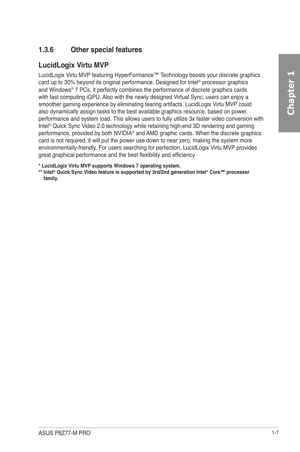6 other special features, Other special features -7, Chapter 1 | 6 other special features lucidlogix virtu mvp | Asus P8Z77-M PRO User Manual | Page 19 / 170