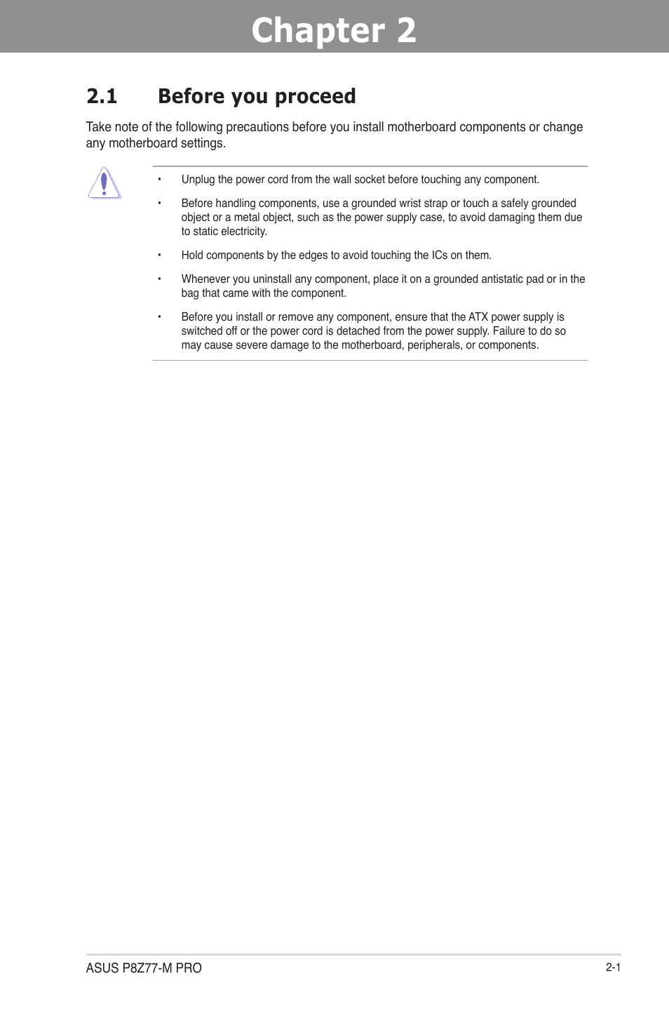 Chapter 2: hardware information, 1 before you proceed, Chapter 2 | Hardware information, Before you proceed -1 | Asus P8Z77-M PRO User Manual | Page 21 / 170