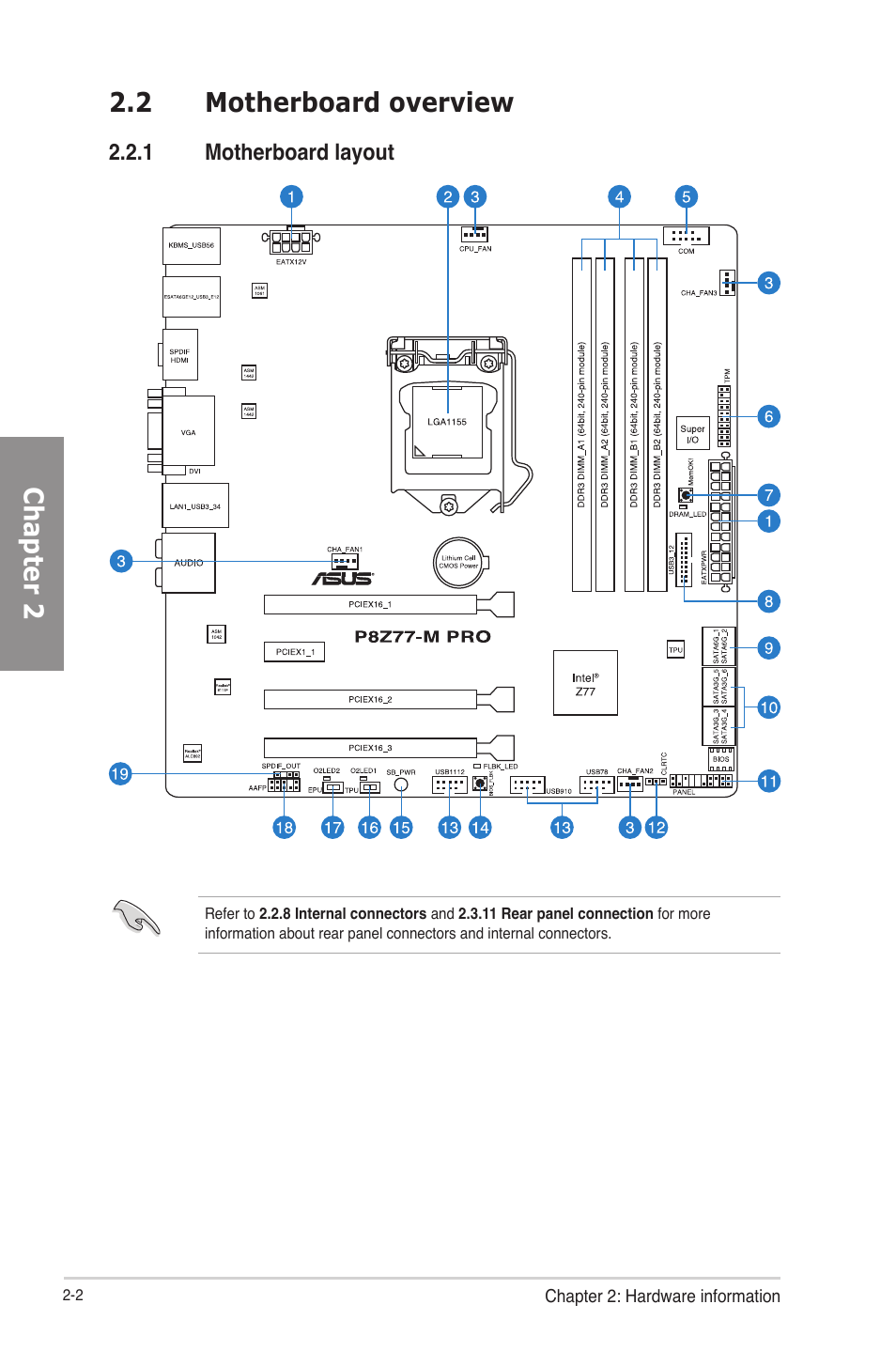 2 motherboard overview, 1 motherboard layout, Motherboard overview -2 2.2.1 | Motherboard layout -2, Chapter 2 | Asus P8Z77-M PRO User Manual | Page 22 / 170