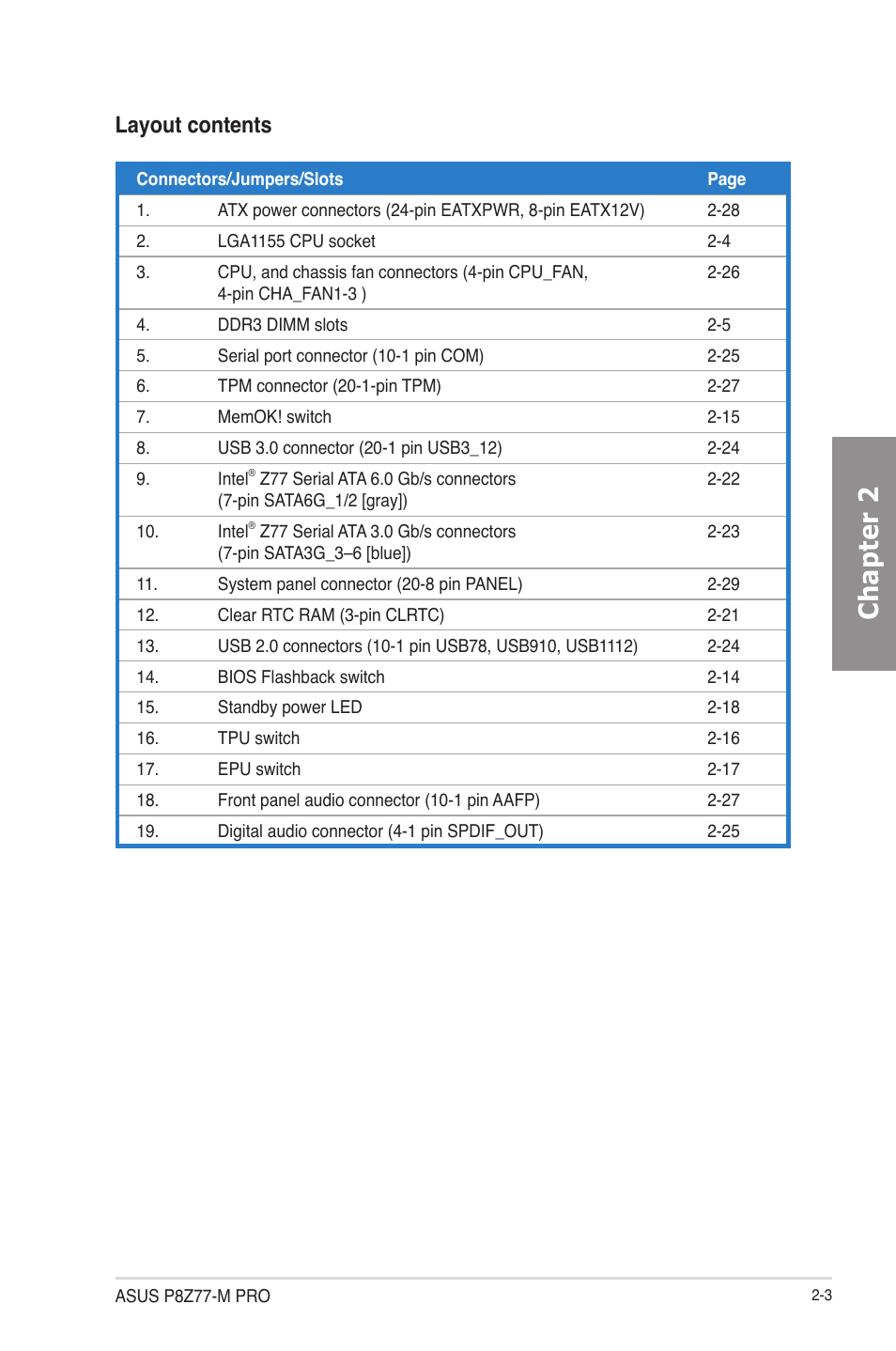 Chapter 2, Layout contents | Asus P8Z77-M PRO User Manual | Page 23 / 170