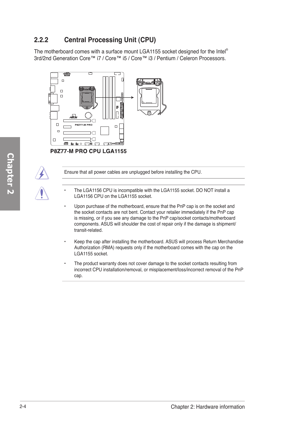 2 central processing unit (cpu), Central processing unit (cpu) -4, Chapter 2 | Asus P8Z77-M PRO User Manual | Page 24 / 170