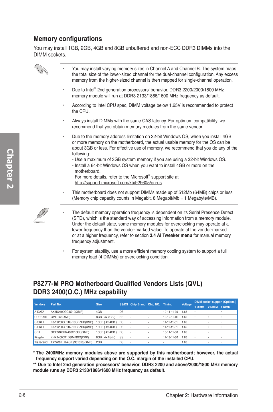 Chapter 2, Chapter 2: hardware information | Asus P8Z77-M PRO User Manual | Page 26 / 170