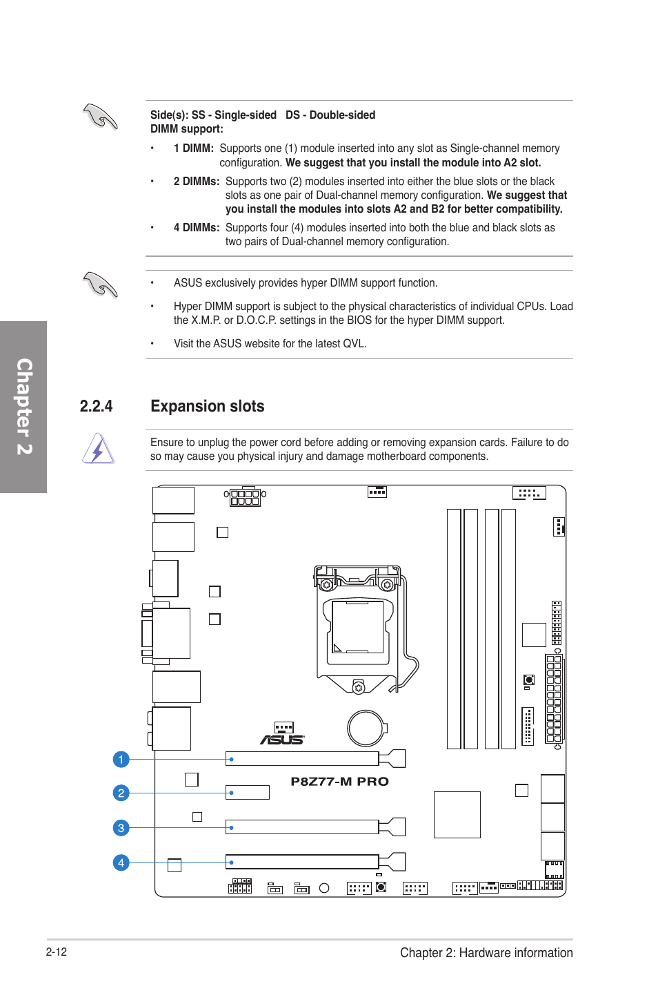 4 expansion slots, Expansion slots -12, Chapter 2 | Asus P8Z77-M PRO User Manual | Page 32 / 170