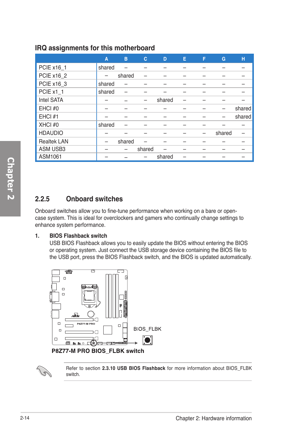 5 onboard switches, Onboard switches -14, Chapter 2 | Irq assignments for this motherboard | Asus P8Z77-M PRO User Manual | Page 34 / 170