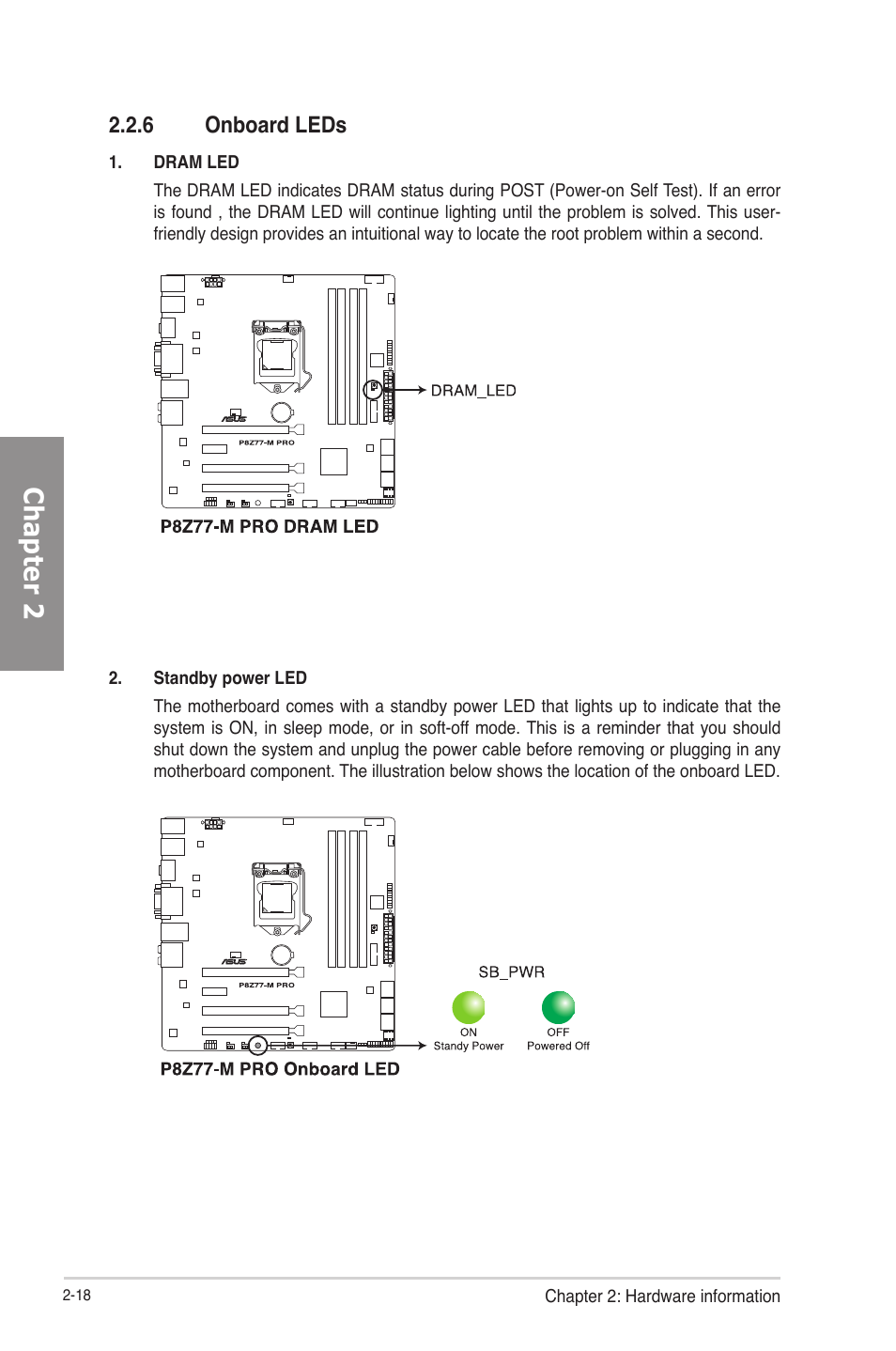 6 onboard leds, Onboard leds -18, Chapter 2 | Asus P8Z77-M PRO User Manual | Page 38 / 170