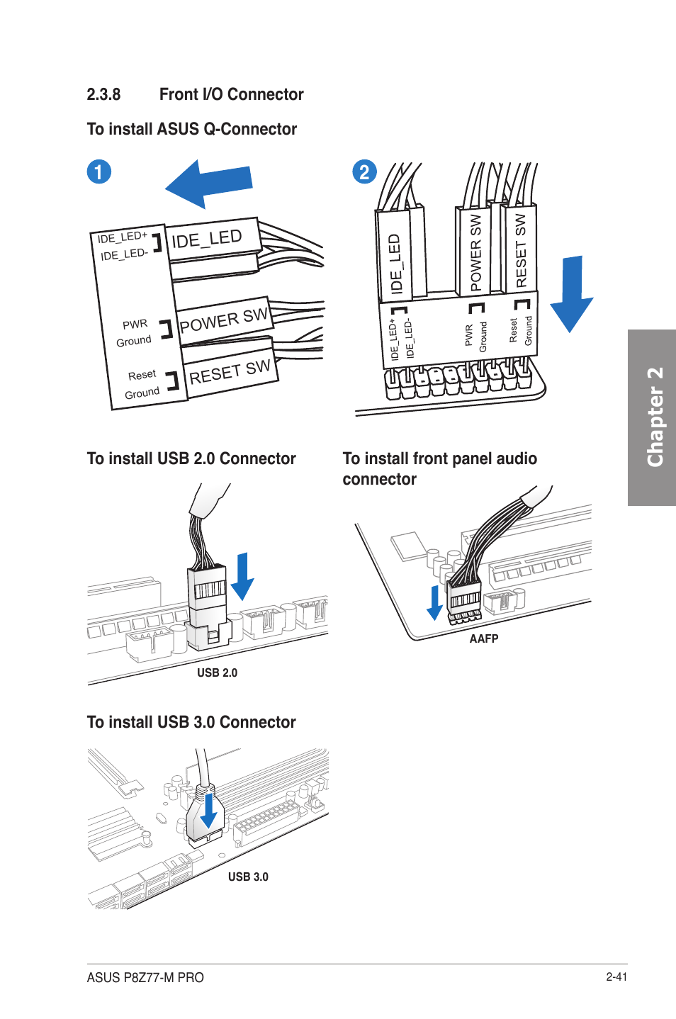 8 front i/o connector, Front i/o connector -41, Chapter 2 | 8 front i/o connector ide_led | Asus P8Z77-M PRO User Manual | Page 61 / 170