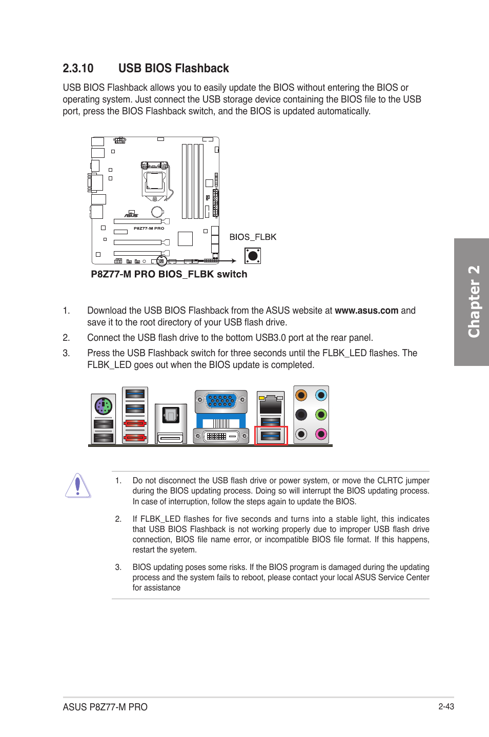 10 usb bios flashback, Usb bios flashback -43, Chapter 2 | Asus P8Z77-M PRO User Manual | Page 63 / 170
