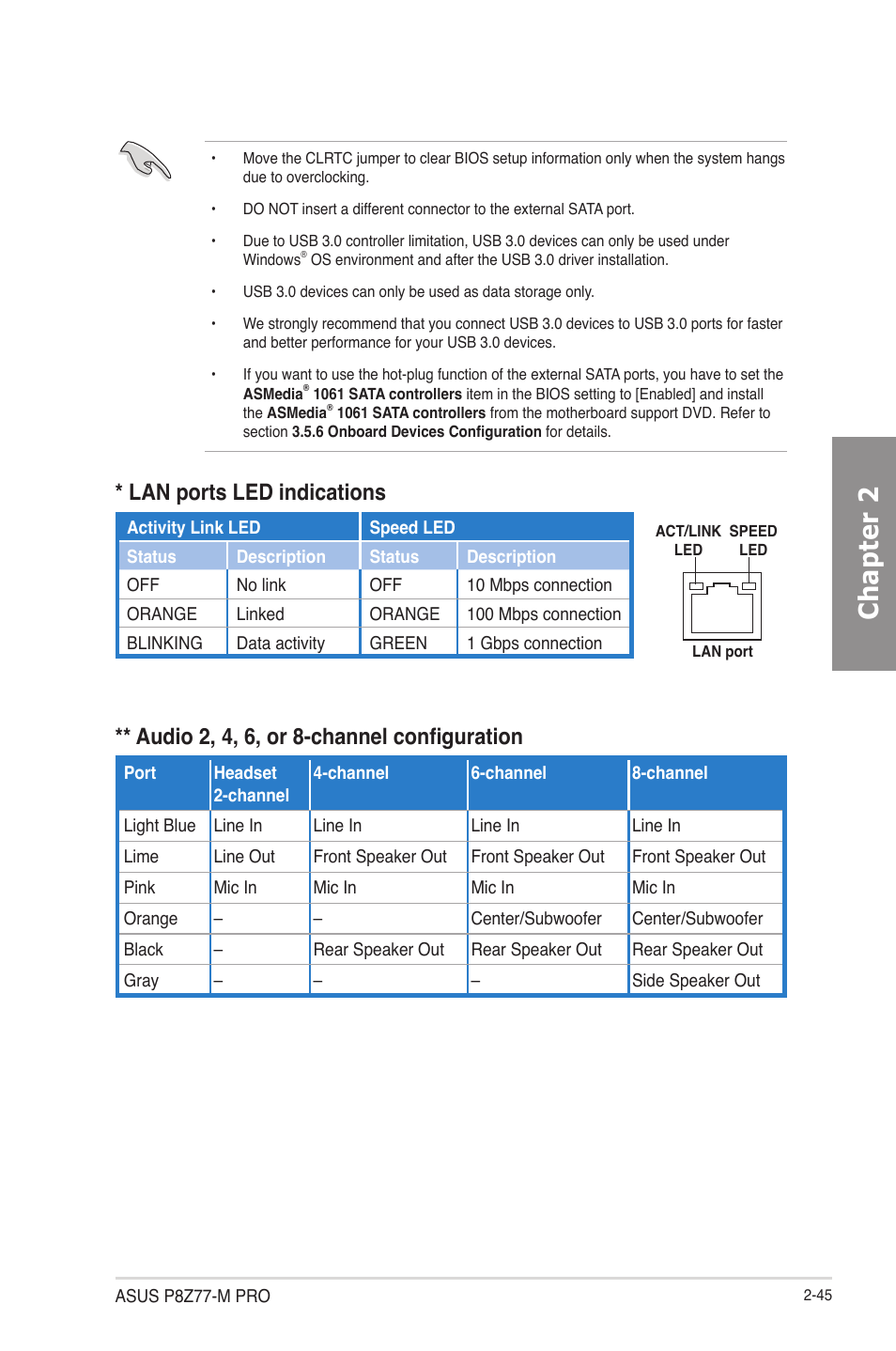 Chapter 2, Audio 2, 4, 6, or 8-channel configuration, Lan ports led indications | Asus P8Z77-M PRO User Manual | Page 65 / 170
