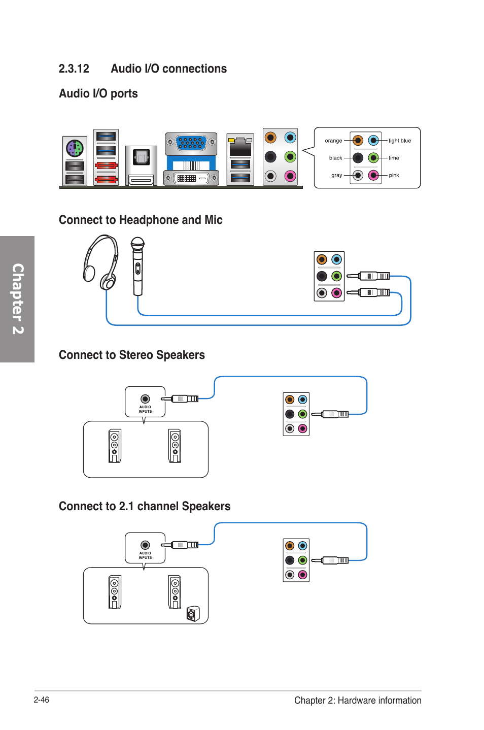 12 audio i/o connections, Audio i/o connections -46, Chapter 2 | Asus P8Z77-M PRO User Manual | Page 66 / 170