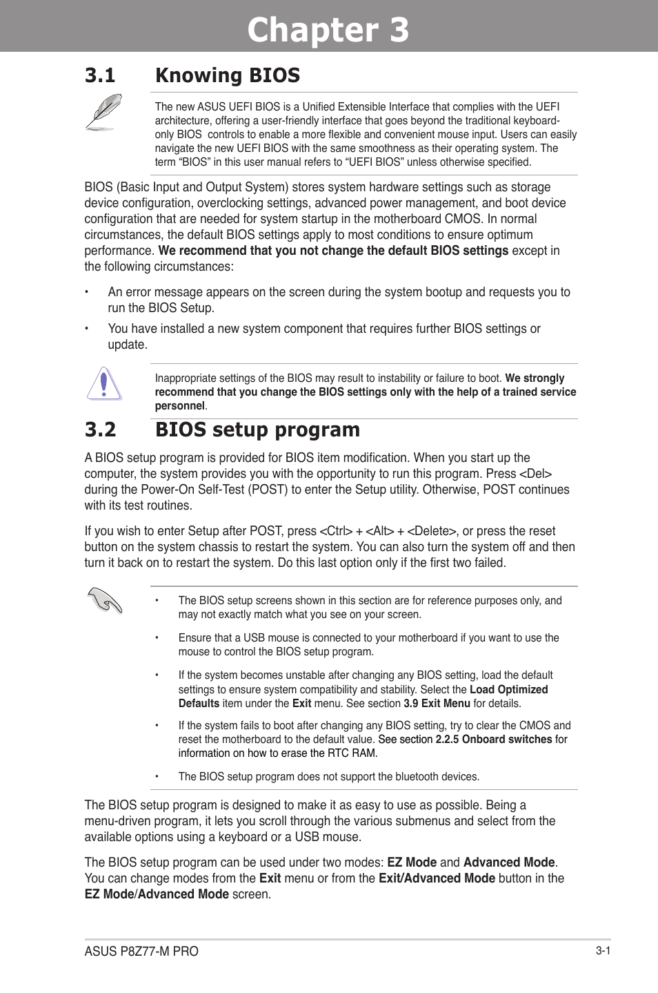 Chapter 3: bios setup, 1 knowing bios, 2 bios setup program | Chapter 3, Bios setup, Knowing bios -1, Bios setup program -1 | Asus P8Z77-M PRO User Manual | Page 69 / 170