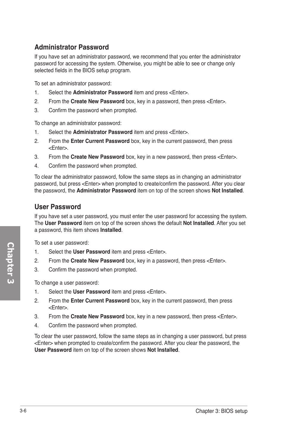 Chapter 3, Administrator password, User password | Asus P8Z77-M PRO User Manual | Page 74 / 170