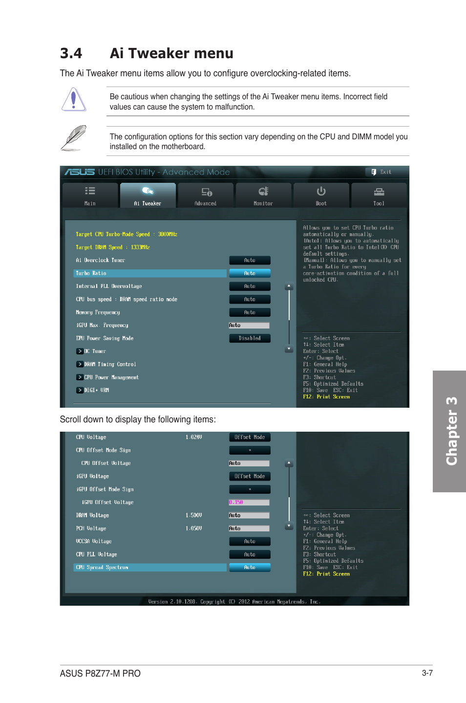 4 ai tweaker menu, Ai tweaker menu -7, Chapter 3 3.4 ai tweaker menu | Asus P8Z77-M PRO User Manual | Page 75 / 170