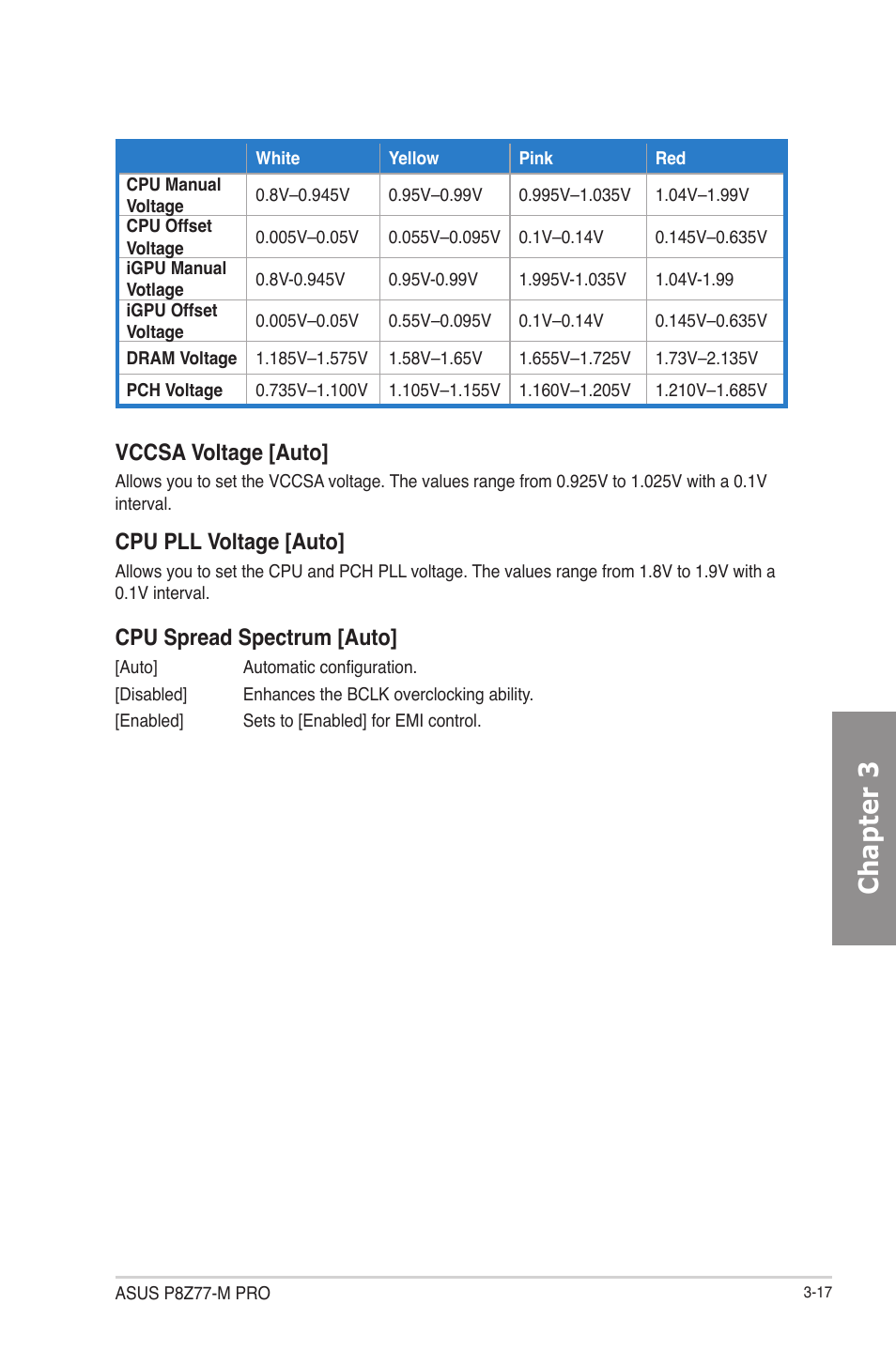Chapter 3, Vccsa voltage [auto, Cpu pll voltage [auto | Cpu spread spectrum [auto | Asus P8Z77-M PRO User Manual | Page 85 / 170