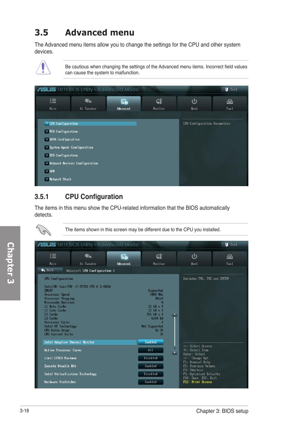 5 advanced menu, 1 cpu configuration, Advanced menu -18 3.5.1 | Cpu configuration -18, Chapter 3 | Asus P8Z77-M PRO User Manual | Page 86 / 170