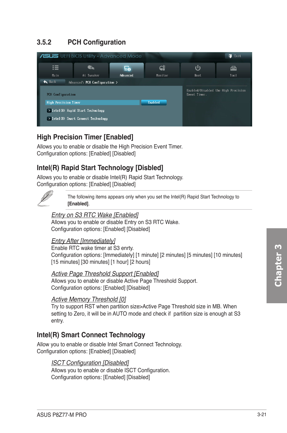 2 pch configuration, Pch configuration -21, Chapter 3 | High precision timer [enabled, Intel(r) rapid start technology [disbled, Intel(r) smart connect technology | Asus P8Z77-M PRO User Manual | Page 89 / 170