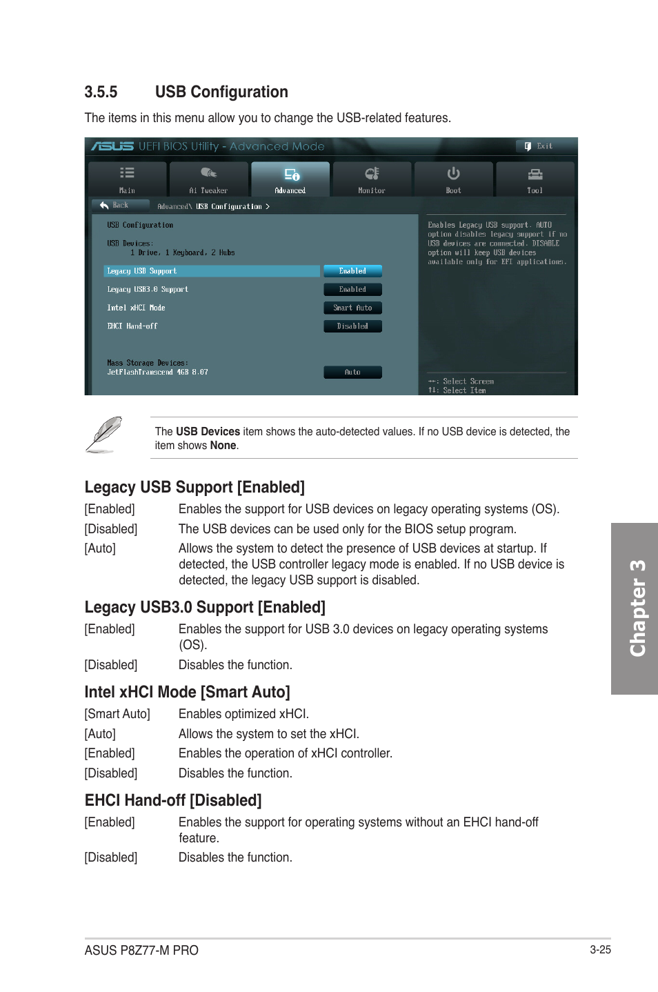5 usb configuration, Usb configuration -25, Chapter 3 | Legacy usb support [enabled, Legacy usb3.0 support [enabled, Intel xhci mode [smart auto, Ehci hand-off [disabled | Asus P8Z77-M PRO User Manual | Page 93 / 170