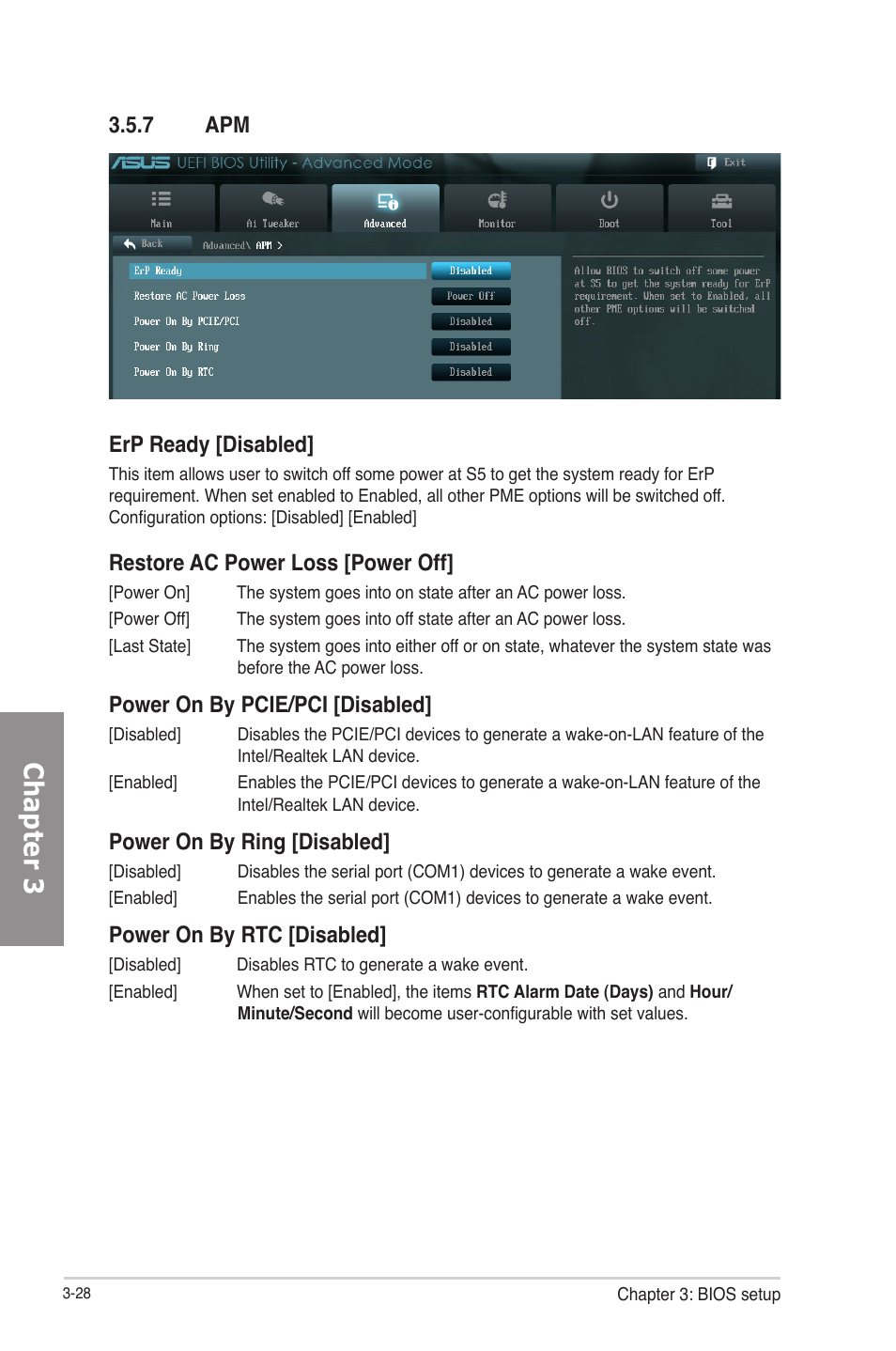 7 apm, Apm -28, Chapter 3 | Erp ready [disabled, Restore ac power loss [power off, Power on by pcie/pci [disabled, Power on by ring [disabled, Power on by rtc [disabled | Asus P8Z77-M PRO User Manual | Page 96 / 170