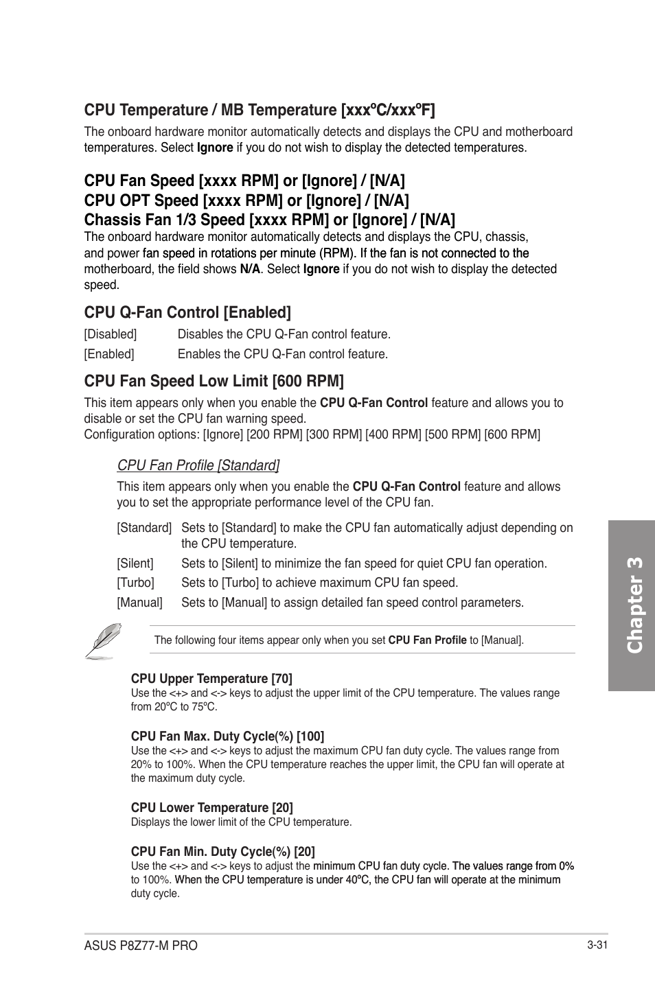 Chapter 3, Cpu q-fan control [enabled, Cpu fan speed low limit [600 rpm | Asus P8Z77-M PRO User Manual | Page 99 / 170