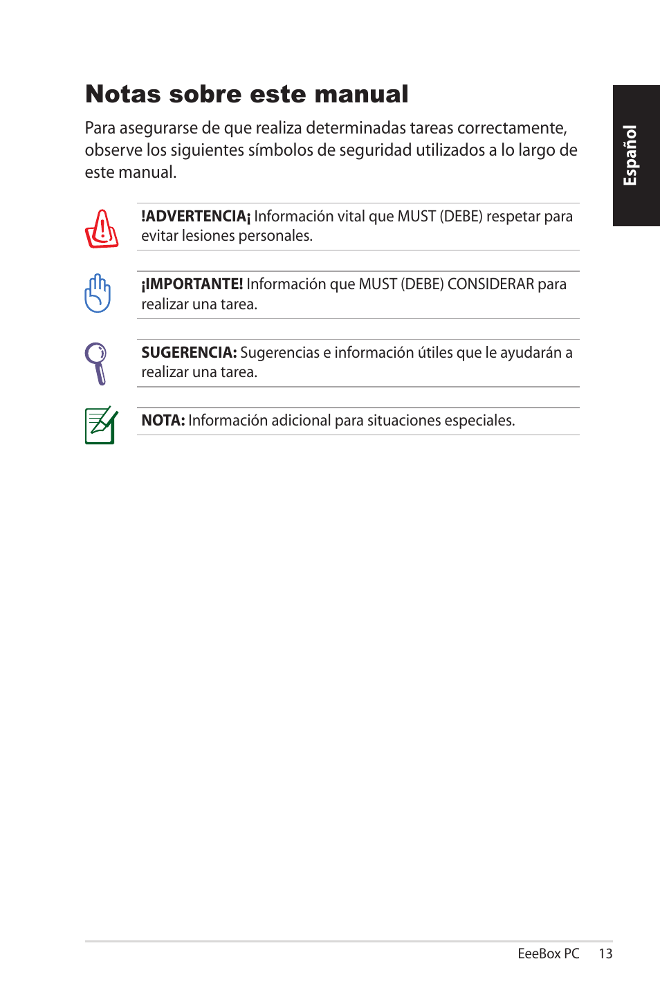 Notas sobre este manual | Asus EB1501 User Manual | Page 13 / 46