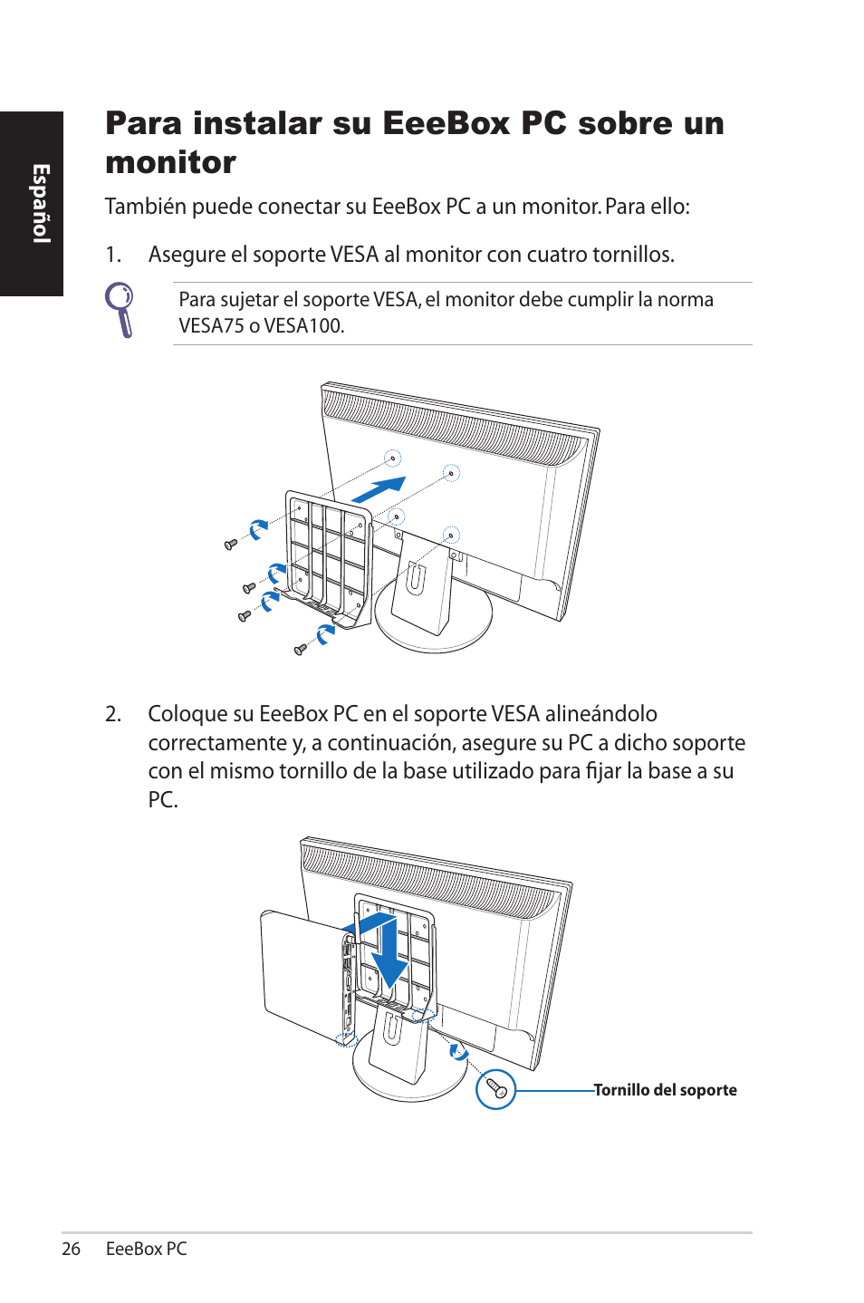 Para instalar su eeebox pc sobre un monitor | Asus EB1501 User Manual | Page 26 / 46