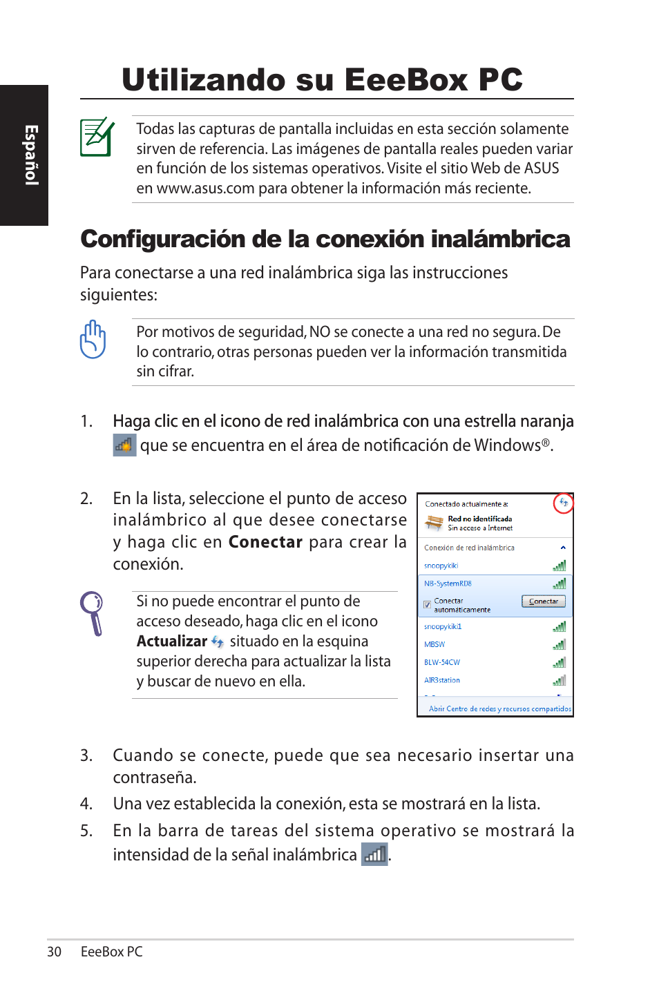 Utilizando su eeebox pc, Configuración de la conexión inalámbrica | Asus EB1501 User Manual | Page 30 / 46