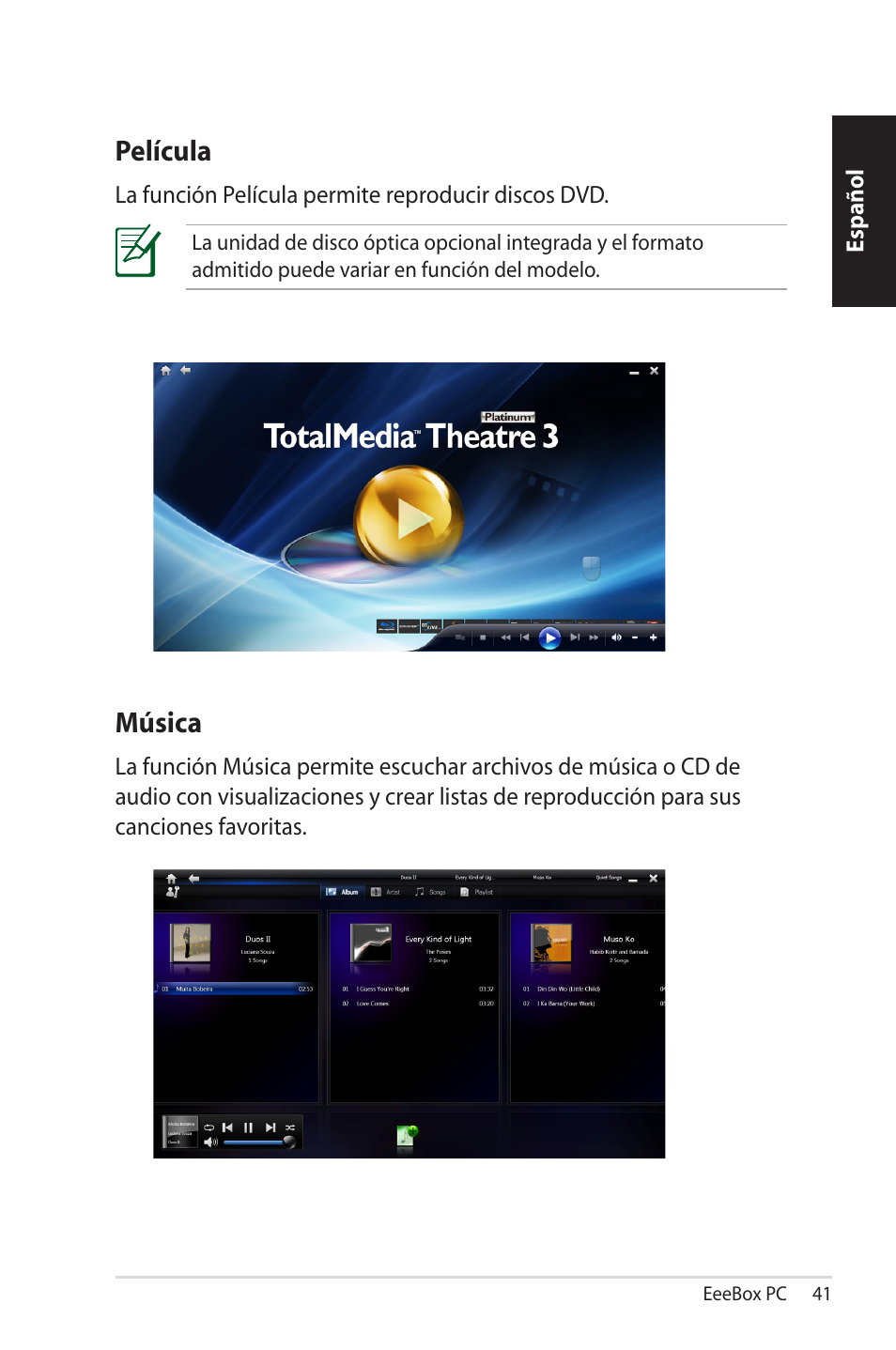 Película, Música, Película  música | Asus EB1501 User Manual | Page 41 / 46