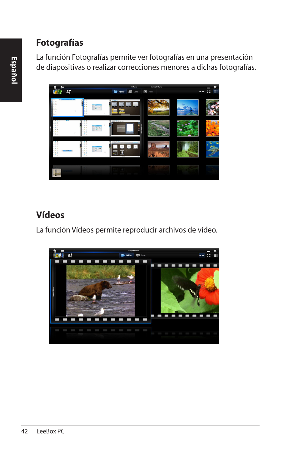 Fotografías, Vídeos, Fotografías  vídeos | Asus EB1501 User Manual | Page 42 / 46