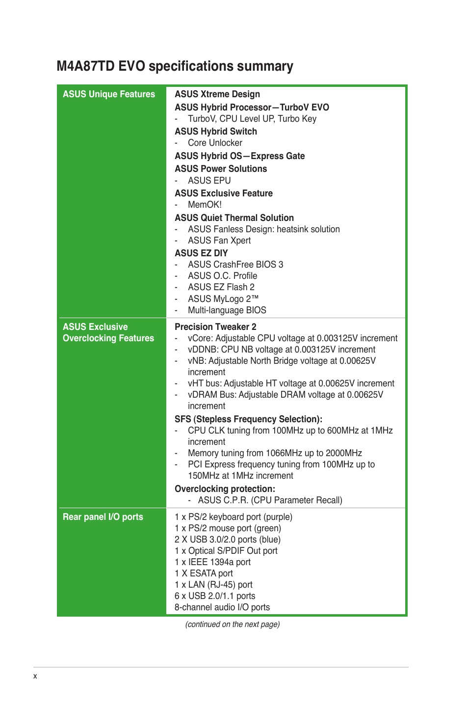 M4a87td evo specifications summary | Asus M4A87TD EVO User Manual | Page 10 / 76