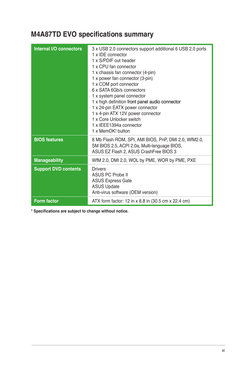 M4a87td evo specifications summary | Asus M4A87TD EVO User Manual | Page 11 / 76