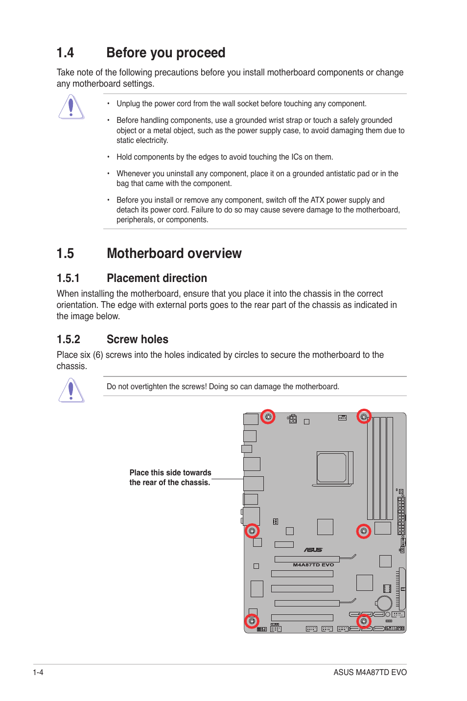 4 before you proceed, 5 motherboard overview, 1 placement direction | 2 screw holes | Asus M4A87TD EVO User Manual | Page 16 / 76