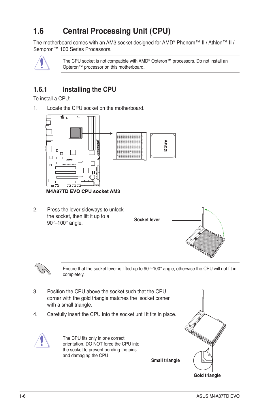 6 central processing unit (cpu), 1 installing the cpu | Asus M4A87TD EVO User Manual | Page 18 / 76