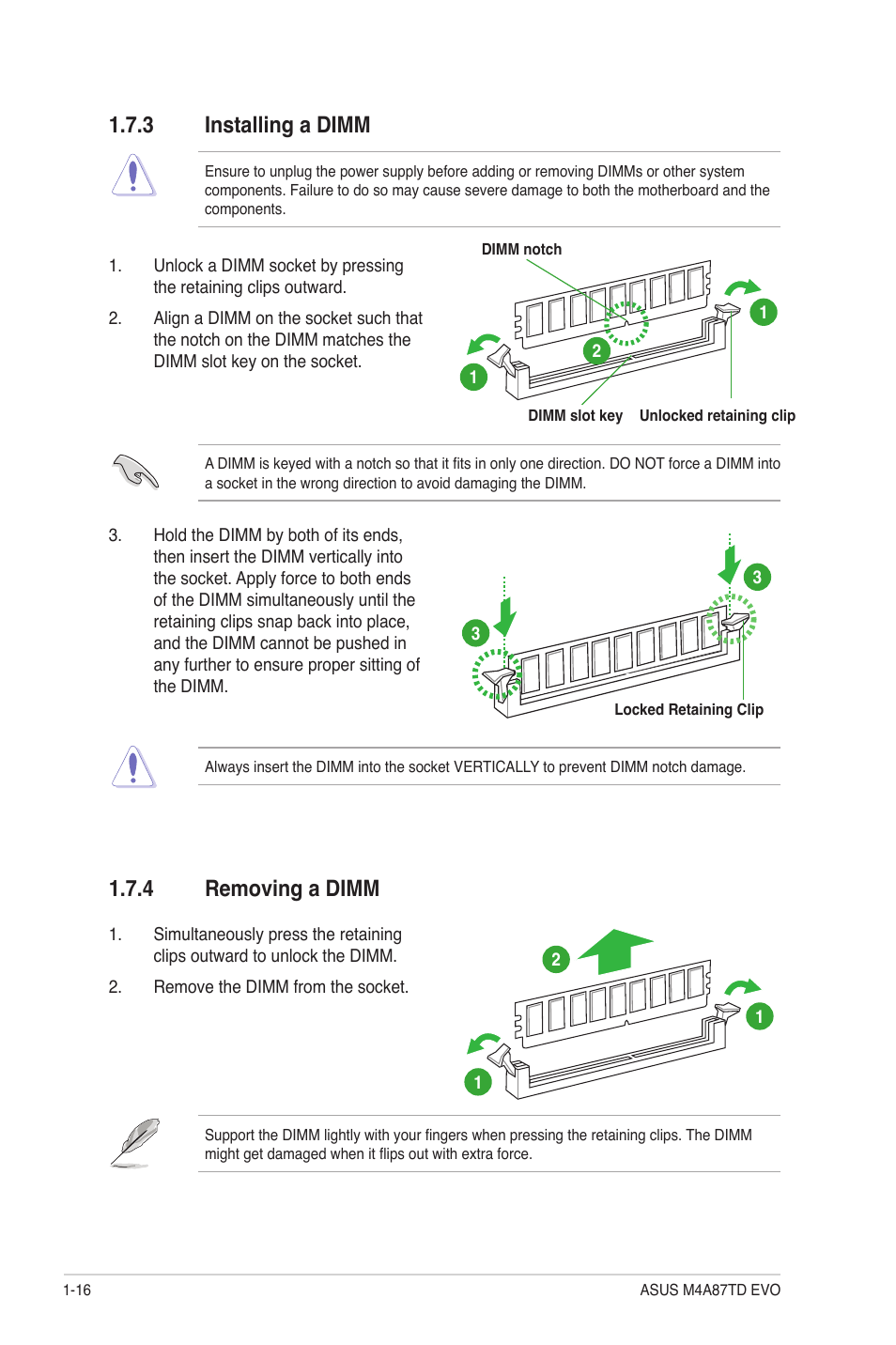 3 installing a dimm, 4 removing a dimm | Asus M4A87TD EVO User Manual | Page 28 / 76